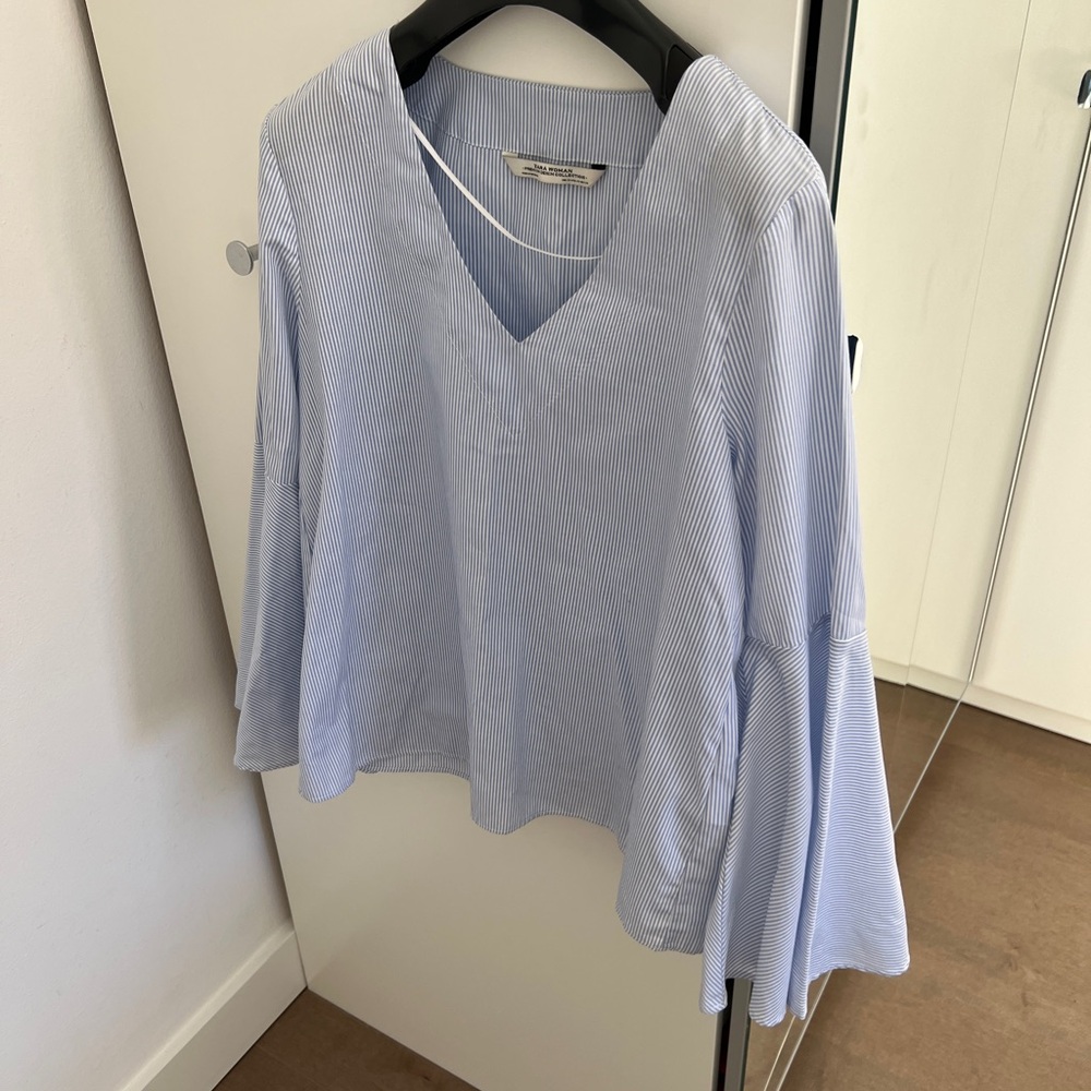 Zara Blue Striped V-Neck bell sleeve Women's shirt
